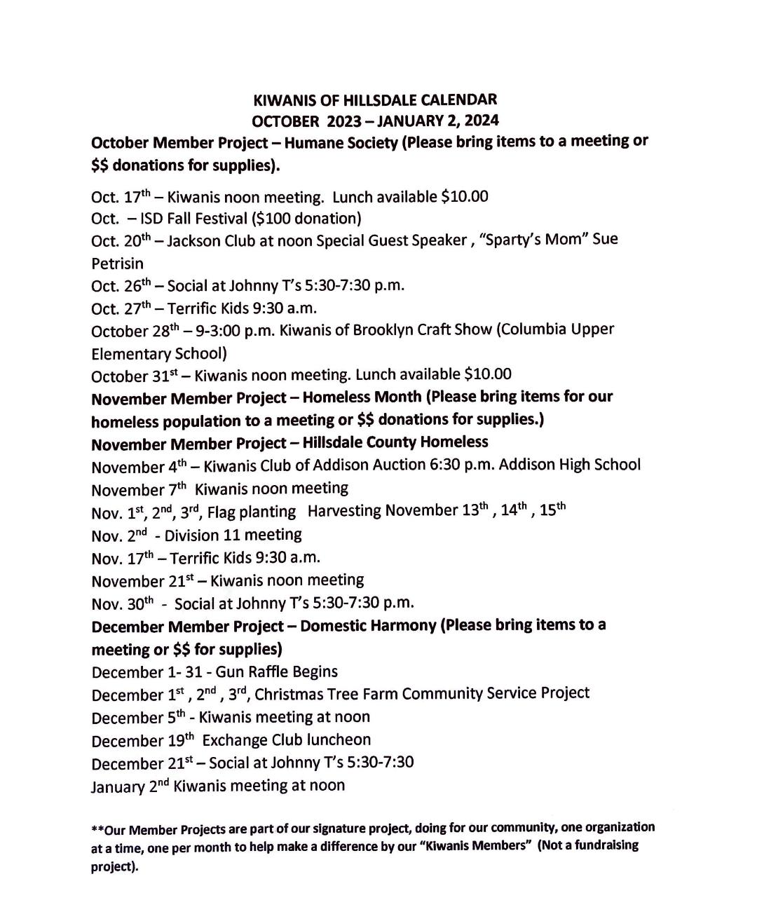 Calendar/Upcoming Events Hillsdale Kiwanis
